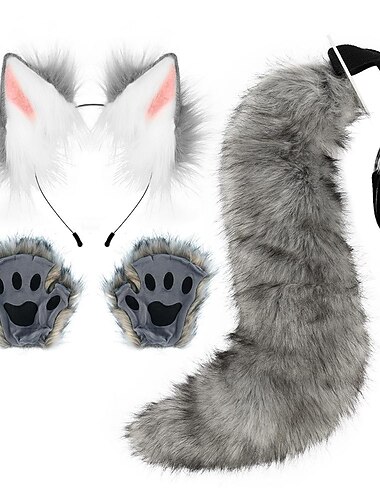  Fuchsschwanzclip Katzenohren Wolfspfoten Handschuhe Cosplay Kostüm Karneval ausgefallene Party Kostüm Accessoires