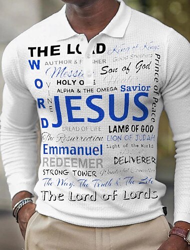  Herren Jesus Christlich Waffel-Poloshirts Golfshirt Langarm Polo-Shirts Hemden mit Kragen Lässig Urlaubskleidung Party-Outfits Knöpfe 3D-Druck Weiß Marineblau Grün