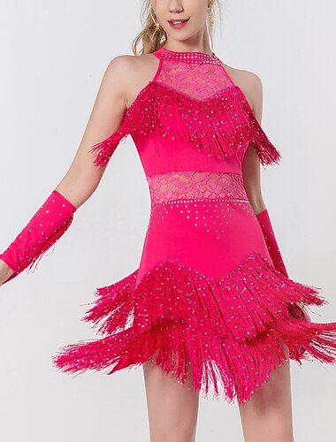  ラテン ダンス ドレス レース フリンジ タッセル シャーリング 女性用 パフォーマンス トレーニング ノースリーブ 高ポリエステル ピンク 趣味