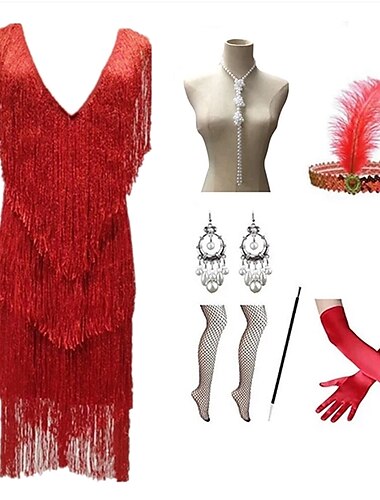  Borla Inspirado en la vendimia Longitud Pequeña Vestido Flapper Vestidos Accesorios Sin Mangas Invitado a la boda Borlas Color sólido Borla Escote en Pico Mujer Víspera de Todos los Santos Mascarada