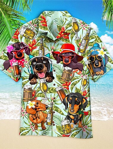  男性用 シャツ アロハシャツ フラワー 動物 犬 グラフィック ビール 折襟 グリーン カジュアル ハワイアン 半袖 プリント ボタンダウン 衣類 トロピカル風 ファッション ハワイアン ソフト