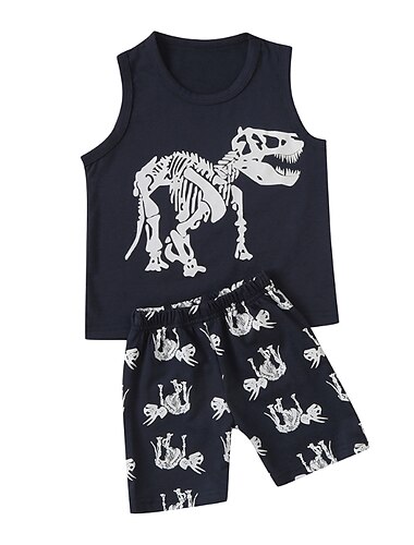  2 Stück Kinder Jungen Tank-Top und Shorts Outfit Cartoon Dinosaurier Ärmellos Baumwolle Set Lässig Mode Cool Sommer Frühling 3-7 Jahre Weiß Hellgrün Grün