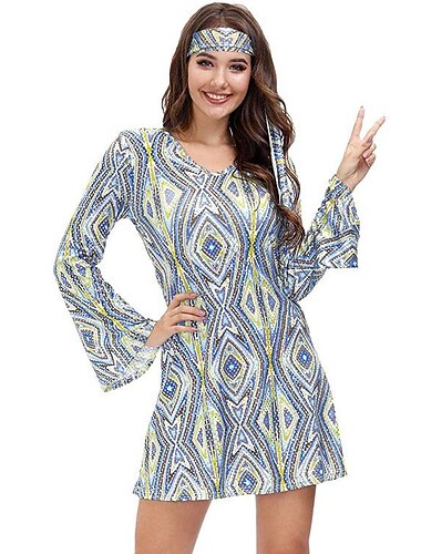  Hippie Retro Vintage Hippie 1970er Disko Kleid Kopfbedeckung Damen Kostüm Jahrgang Cosplay Party & Abend Kleid Maskerade Schlager Outfit