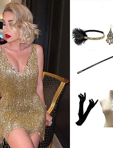  Rétro Vintage Années 1920 Court Robe Charleston Robe Tenues Sans manches Gatsby le Magnifique Invité au mariage Frange à pompons Couleur Unie Franges Col en V Femmes Halloween Mascarade Halloween