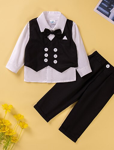  3 Stück Baby Jungen Shirt & Hose Outfit Feste Farbe Langarm Knopf Baumwolle Set Schulanfang Modisch Täglich Frühling Herbst 1-3 Jahre alt Schwarz Königliches Blau Himmelblau