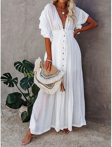  robe soirée Robe casual Robe Évasée Femme robe longue Couleur monochrome Mode Décontractées Extérieur du quotidien Vacances A Volants Dos Nu Manche Courte Col V Robe Ample Vert militaire Blanche Rouge