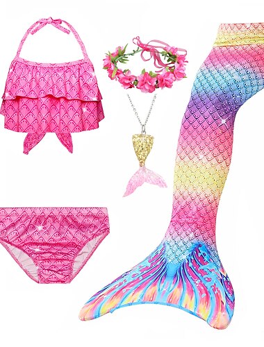  Kinderen Voor meisjes Vijf stuk Zeemeermin zwemkleding Badmode Bikini Zwemmen Regenboog leuke Style Sexy Afdrukken Badpakken 3-10 jaar Zomer Watermeloenrood Paarsblauw