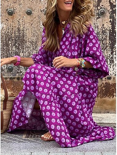  damenkleid lang maxikleid grün 3/4 ärmel geometrisch patchwork herbst herbst v-ausschnitt loose fit 2023 s m l xl