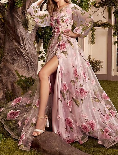  Linha A Vestidos de baile Floral Vestido Formal Convidado do casamento Cauda Escova Manga Longa Decorado com Bijuteria Renda com Estampa floral 2024