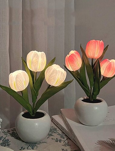  LED Tulpe Nachtlicht Tischlichter Simulation Blume mit Vase Tischlampe Ornamente für Zuhause Wohnzimmer Desktop-Dekor Tischnachtlampen