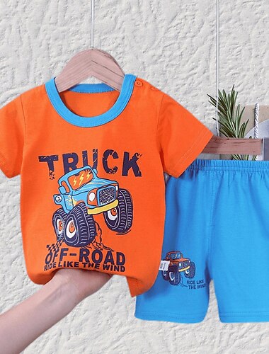 2 Stück kinderkleidung Jungen T-Shirt & Shorts Outfit Tier Karikatur Kurzarm Baumwolle Set Casual Modisch Täglich Sommer Frühling 3-7 Jahre Kurzes Set 12-Dinosaurierparadies Kurzes Set