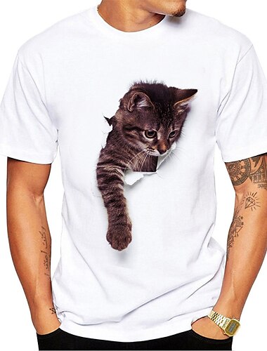  Herren Grafik Katze T Shirt Lässiger Stil 100% Baumwolle Kurzarm Grafik Hemd Wein A B Bequemes T-Shirt Straße Ferien Modedesigner-Kleidung