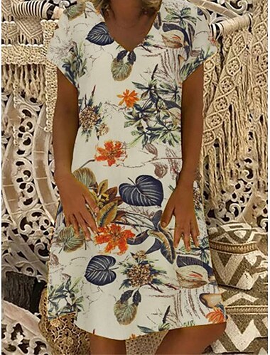  Femmes Abricot Été Printemps Robe Midi Robes en coton et lin Robe Décontractée Robe d'été en coton Basique Classique Occasionnel Extérieur Vacances Quotidien Coupe Ample Fleuri Feuille Col en V