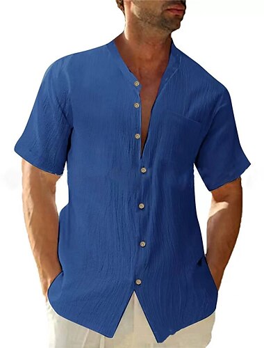  Homme Chemise en coton et lin Chemise en coton blanc Chemise à col chinois Chemise à col mao Chemise d'été Chemise de Plage Uni Vacances Occasionnel Blanche Bleu Gris Manche Courte Col Été Vêtement