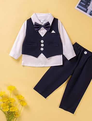  3-delig Peuter Jongens Shirt & broek Kleding Effen Kleur Lange mouw Knop Katoen Set School Modieus Dagelijks Lente Herfst 1-3 jaar oud Zwart Koningsblauw Hemelsblauw