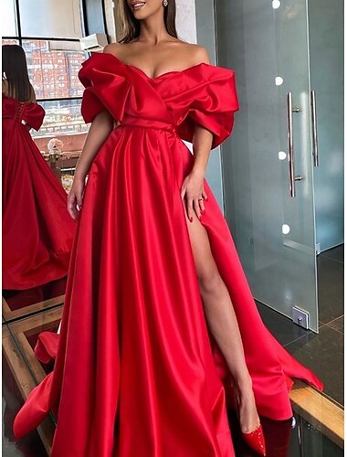  Sheath Evening Gown Party Dress Red Green Dress Black Tie Gala Sweep / Brush Train Half Sleeve Off Shoulder Satin with Ruched Slit 2024