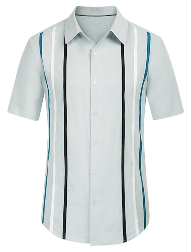  男性用 シャツ ボーリングシャツ ボタンアップシャツ サマーシャツ カジュアルシャツ ブラック ブルー 半袖 平織り ストライプ ラペル ストリート バケーション プリント 衣類 ファッション 1950年代風 レジャー ハワイアン