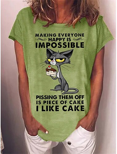  Damen T Shirt Katze Buchstabe Text Basic Kurzarm Rundhalsausschnitt Normale Oberteile Täglich Wochenende Bedruckt Weiß Rote Blau Grün Grau Frühling, Herbst, Winter, Sommer