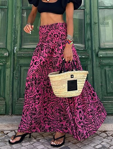  Damen Swing Langer Rock Böhmen Maxiröcke Print Blumen Street Urlaub Frühling&amp;Sommermode, Küsten-Oma-Stil, Boho, Pink, Rose