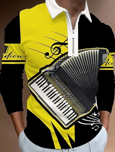  פסטיבל מוזיקה בגדי ריקוד גברים מוסיקה חולצות פולו עם רוכסן חולצת גולף שרוול ארוך חולצות פולו חולצות עם צווארון יום יומי בגדי נופש בגדי פסטיבלים תלבושות למסיבה הדפסת תלת מימד רבע זיפ פולו שחור לבן צהוב