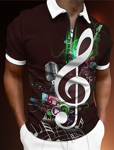  פסטיבל מוזיקה בגדי ריקוד גברים מוסיקה חולצות פולו עם רוכסן חולצת גולף שרוולים קצרים חולצות פולו חולצות עם צווארון יום יומי בגדי נופש בגדי פסטיבלים תלבושות למסיבה הדפסת תלת מימד רבע זיפ פולו