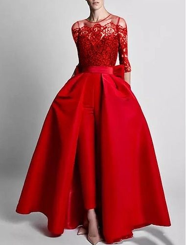  ジャンプスーツ イブニングドレス 赤 緑 ドレス 結婚式のゲスト ウェディングパーティー 床の長さ 3/4 長さの袖 オフショルダー ポケット ストレッチ生地 刺繍付き 2024