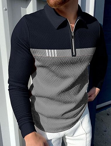  Herren Zip Polo Golfhemd Geschäft Freizeitskleidung Viertel Postleitzahl Langarm Modisch Klassicher Stil Farbblock Zip Frühling Herbst Rote Marineblau Dunkelgrün Hell Gray Zip Polo