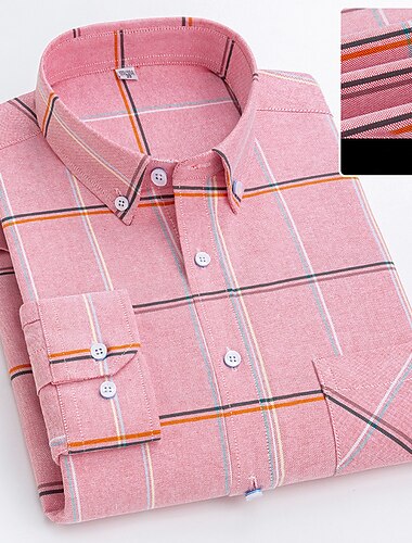  Hombre Camisa para Vestido Camisa con botones Camisa Oxford Plaid Boda Oficina / Carrera Rosa Claro Bleu Ciel Blanco Amarillo Manga Larga Cuello Americano Primavera & Otoño Ropa Bolsillo delantero