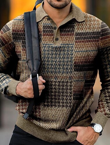  رجالي منقوش قمصان البولو قميص الجولف كم طويل قمصان البولو قميص بياقة عتيق كاجوال ملابس العطلة الملابس الرسمية ملابس المهرجانات طباعة ثلاثية الأبعاد Buttons بني غامق أزرق شوكولات