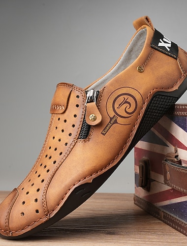  Zapatos casuales sin cordones de piel sintética transpirables para hombre: mocasines de estilo vintage con cremallera y diseño perforado para conducir, caminar y uso diario.