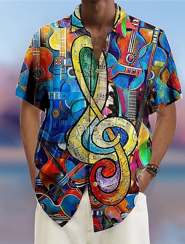  Herr Musik Guitarr Rock and Roll Skjorta Hawaii skjorta Knapp upp skjorta Kort ärm Mode Streetwear Designer Utomhus Gata Ledigt Sommar Vår Nedvikt Mönster Aprikos Gul Blå Grön Regnbåge