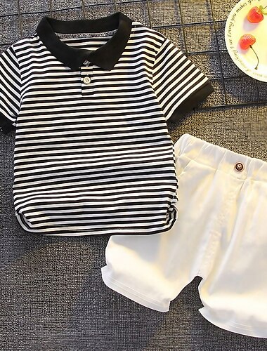  ２個 幼児 男の子 Tシャツ＆ショーツ 衣装 動物 カートゥン 半袖 コットン 設定 学校 愛らしい 日常 夏 春 3～7歳 サマー PL ストライプ - ブラック サマーPL柄クマ-ブラック サマー PL グリッド - ホワイト