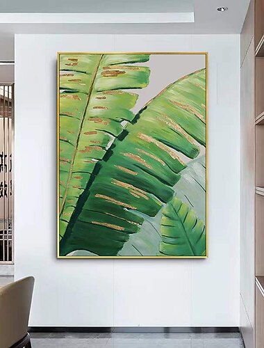  Handmade Oil Painting Canvas Wall Art Decoration Modern Abstract Plant Flower Green and Gold Banana Leaf for Home Decor Rolled Frameless Unstretched Painting