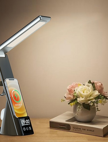  Lampă de birou LED cu încărcător fără fir Stație de încărcare rapidă 3 în 1 Lampă de birou cu control tactil cu alarmă ceas 3 moduri de iluminare & lămpi de masă cu luminozitate neîntreruptă acasă,