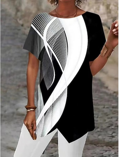 Damen Hemd Bluse Graphic Abstrakt Casual Bedruckt Asymmetrisch Silber Kurzarm Basic Rundhalsausschnitt