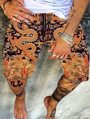  Voor heren Korte broek Zomer korte broeken Strandshorts Elastische taille Afdrukken Grafische prints Voor buiten Knielengte Dagelijks Strand Hawaii Chino Zwart Geel Micro-elastisch