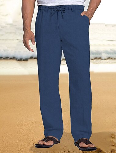  Hombre Pantalones de lino Pantalones Pantalones de verano Pantalones de playa Correa Cintura elástica Pierna recta Plano Comodidad Transpirable Casual Diario Festivos Moda Estilo clásico Azul cielo