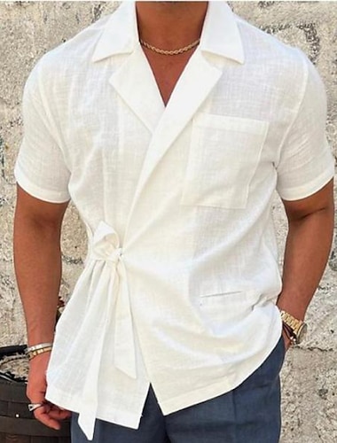  Homme Chemise en coton et lin Chemise en coton blanc Chemise d'été Chemise de Plage Uni Vacances Hawaïen Noir Blanche Kaki Manche Courte Revers Printemps & Été Vêtement Tenue Avec Poches