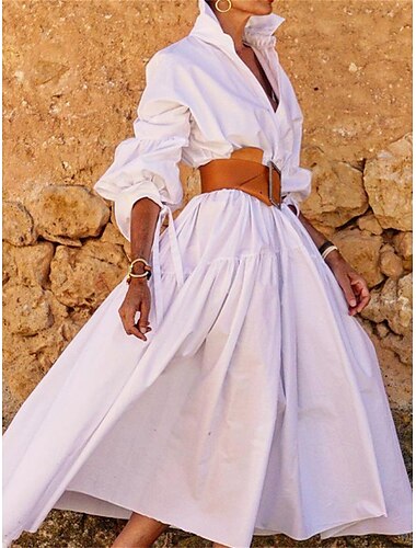  robe blanche Robe chemise Femme Robe longue maxi Extérieur du quotidien Polyester Mode Décontractées Col de Chemise Lacet Bouton manche longue Eté Printemps Automne 2023 Standard Noir Blanche Rose