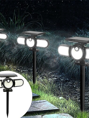  Solar-Flutlichter für den Außenbereich, Wegebeleuchtung, 3-Kopf-Beleuchtung, Rasen-Bodenlampe, PIR-Bewegungssensor, Landschaftsstrahler für den Gartenhof