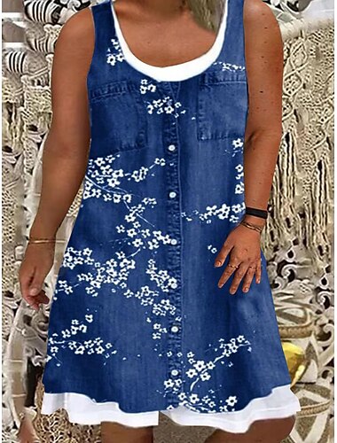  Damen-Kleid in Übergröße, kurvenreich, Freizeitkleid, Tank-Kleid, geblümtes Midi-Kleid, ärmellos, Knopf, Fake, zweiteilig, U-Ausschnitt, Mode, Outdoor, blau, himmelblau, Sommer, Frühling, L, XL, XXL,