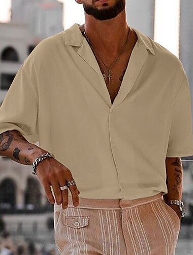  Men's Shirt Cuban Collar Shirt Button Up Shirt Black White Navy Blue Brown Green Short Sleeve Plain Camp Collar Vacation Daily Clothing Apparel Cotton Cotton Blend Fashion Casual Comfortable
