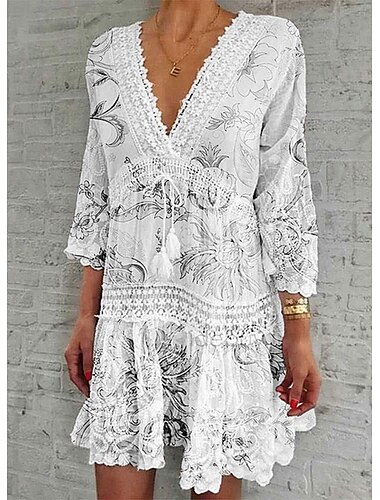  Dames Hemdjurk Mini-jurk Zwart Wit Blozend Roze 3/4 mouw Bloemig Afdrukken Zomer Lente V-hals Vakantie 2023 S M L XL XXL 3XL 4XL