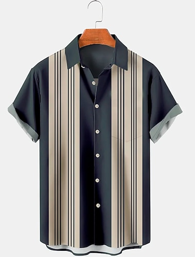  男性用 シャツ ボーリングシャツ ボタンアップシャツ サマーシャツ カジュアルシャツ ルビーレッド ネイビーブルー グレー 半袖 ストライプ 折襟 ストリート 日常 プリント 衣類 ファッション 1950年代風 カジュアル 快適