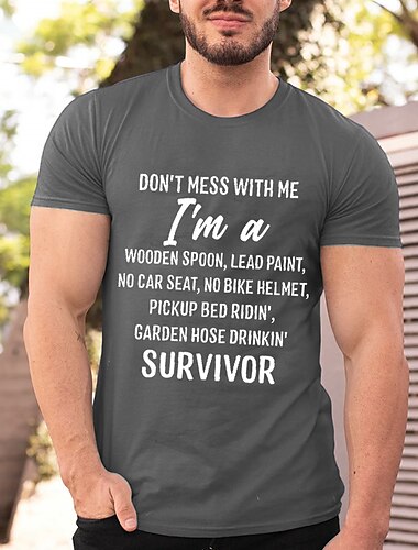  Humorvolles T-Shirt für Männer 'Mach dich nicht mit mir an ich bin ein Überlebender' - Holzlöffel bleihaltige Farbe kein Autositz-Zitat Kurzärmelig Marineblau