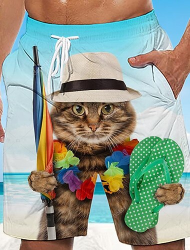  Homens Animal Gato Estampas Abstratas Calção de Banho Bermuda de Surf Shorts de Natação Cintura Média Havaiana Boho Casual Diário Feriado Com Cordão com forro de malha Cintura elástica Designer Roupa
