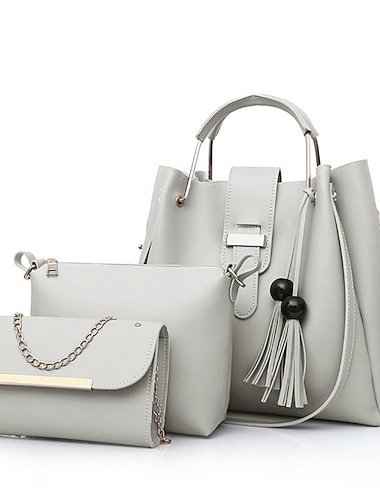  3-delige handtassenset voor dames - roze imitatieleren tas, schoudertas en kettingclutch met kwastdetail voor elegant en casual gebruik