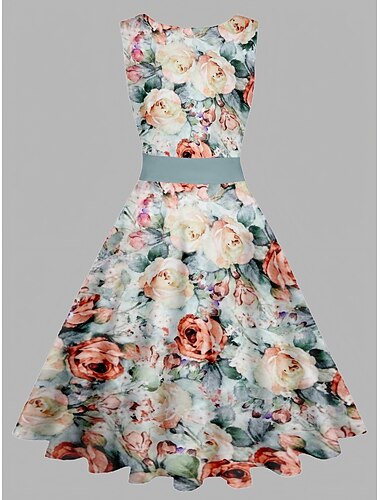  kvinders vintage elegante vintage te kjoler midikjole dagligt date rynket print blomstret rund hals ærmeløs slank sommer forår 2023 pink blå s m l xl