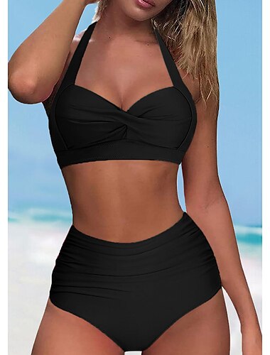  Damen Badeanzug Bikinis Kurze Hosen Bademode Halfter 2 teilig Kreuz und quer Stilvoll Push-Up Hosen Glatt Ärmellos Badeanzüge