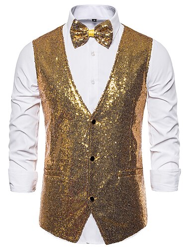  Men's Classic Vest Sequin Tailored Fit V Neck Single Breasted Three-buttons Silver Black Burgundy 2024